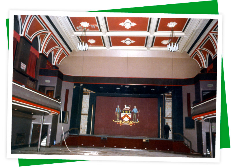 A view of The Civic’s main hall, taken from the back of the auditorium, a year and a half after The Civic closed in Spring 1998. © Barnsley Archives.