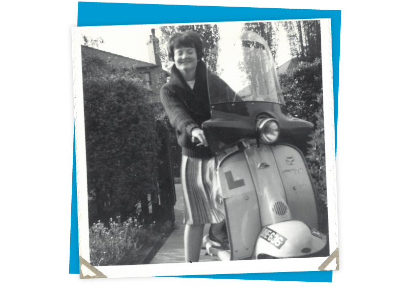 Maureen on her first scooter, outside the family home at Mount Crescent, Hoyland. Image donated by Maureen Geraghty.