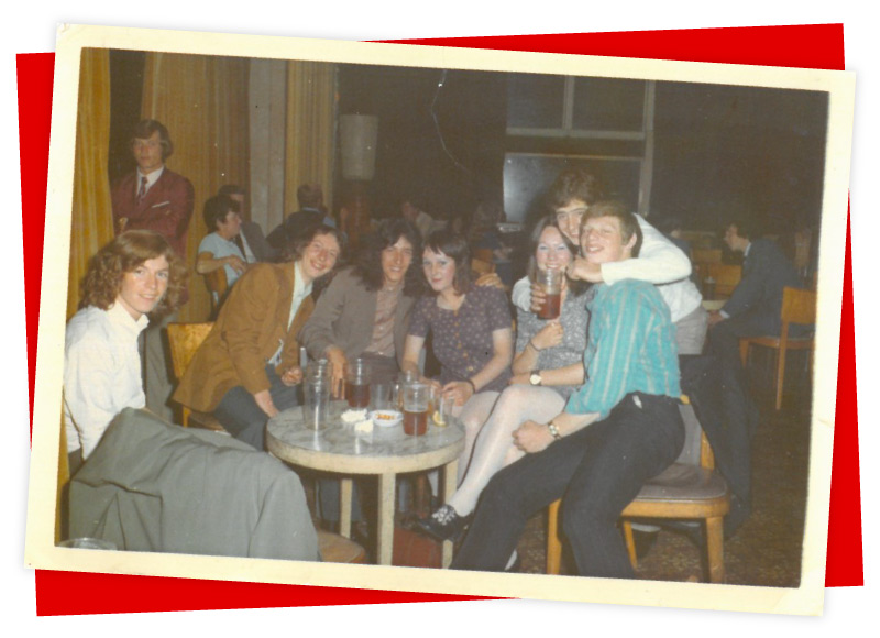 Teenage friends out drinking in an unnamed pub, 1970s. Image donated by Linda Etchell.